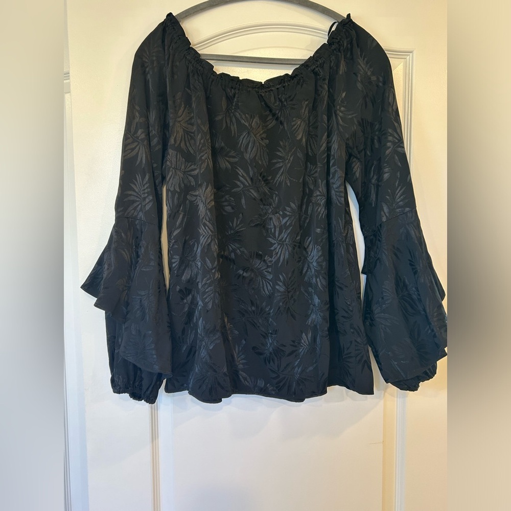 NWT MICHAEL Michael Kors Women’s Embroidered Off-The-Shoulder Peasant Top Black - Picture 5 of 11